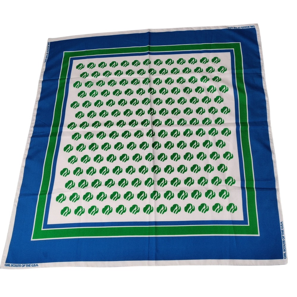 Girl Scouts of the USA Square Scarf Blue Green Trefoil Logo 26.5"x25.5" Vtg